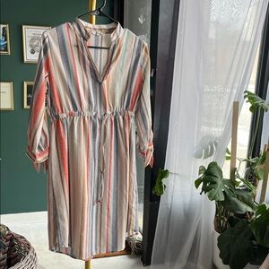 Striped V-Neck Cinched Waist Women's Dress - Multicolor